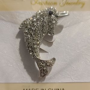 Silver-tone crystal dolphin broach lapel pin